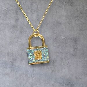 Upcycled Louis Vuitton Gold and Blue Padlock Pendant Necklace